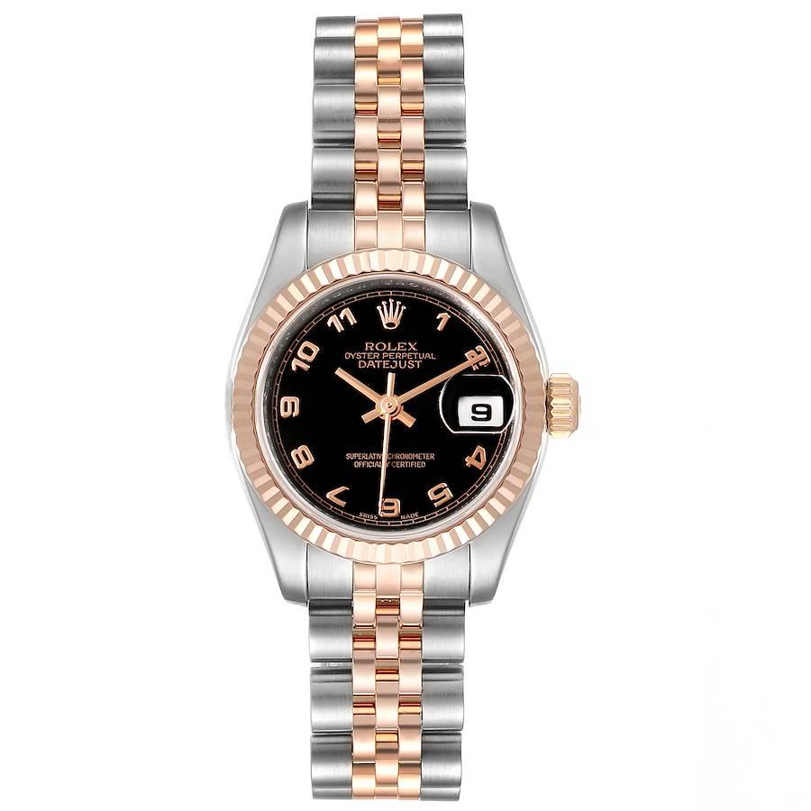 Rolex Datejust Steel Everose Gold Arabic Numerals Ladies Watch 179171. Officially certified chronometer self-winding movement. Stainless steel oyster case 26.0 mm in diameter. Rolex logo on a 18K rose gold crown. 18k rose gold fluted bezel. Scratch