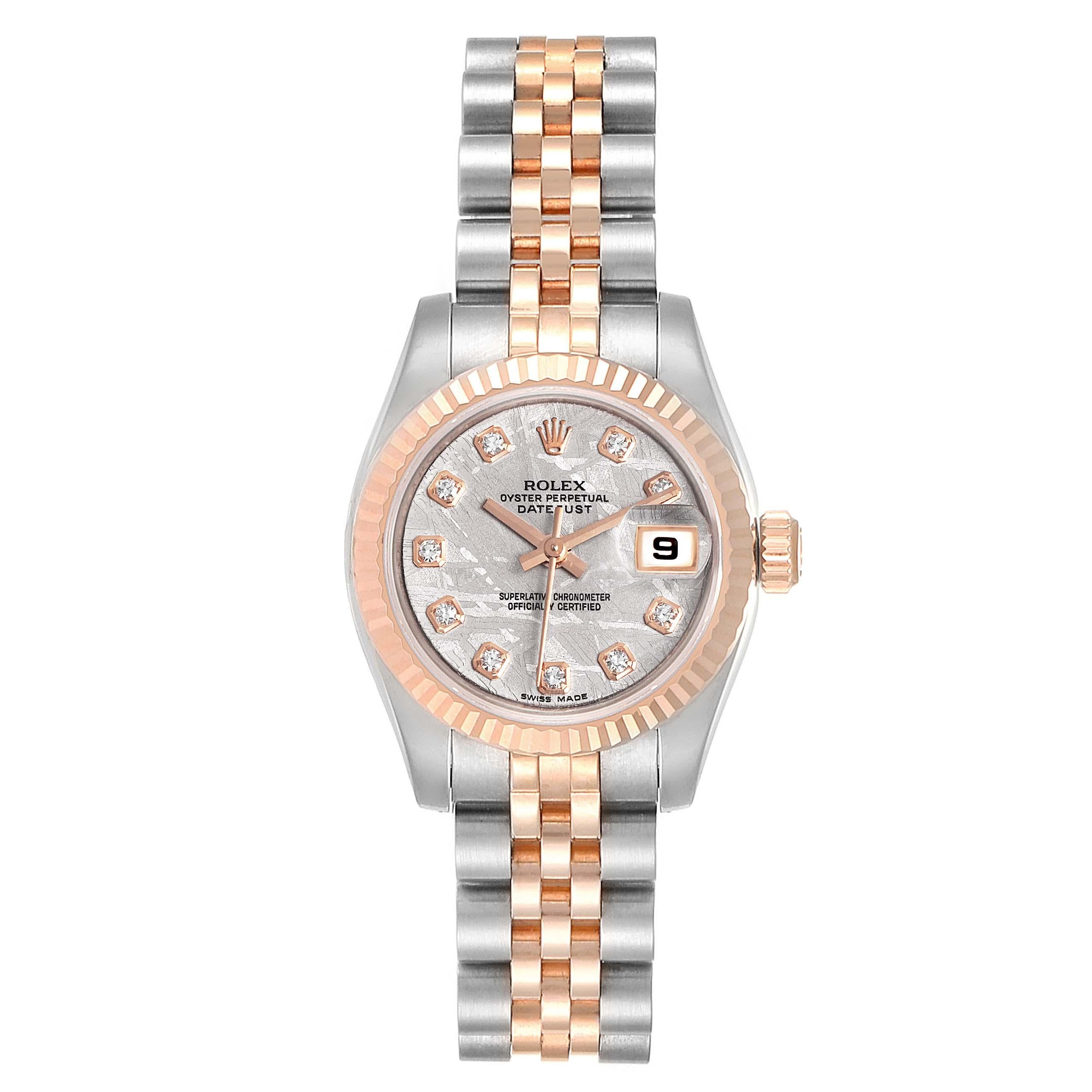 Rolex Datejust Steel EveRose Gold Meteorite Diamond Ladies Watch 179171. Officially certified chronometer self-winding movement. Stainless steel oyster case 26.0 mm in diameter. Rolex logo on a 18K rose gold crown. 18k rose gold fluted bezel.