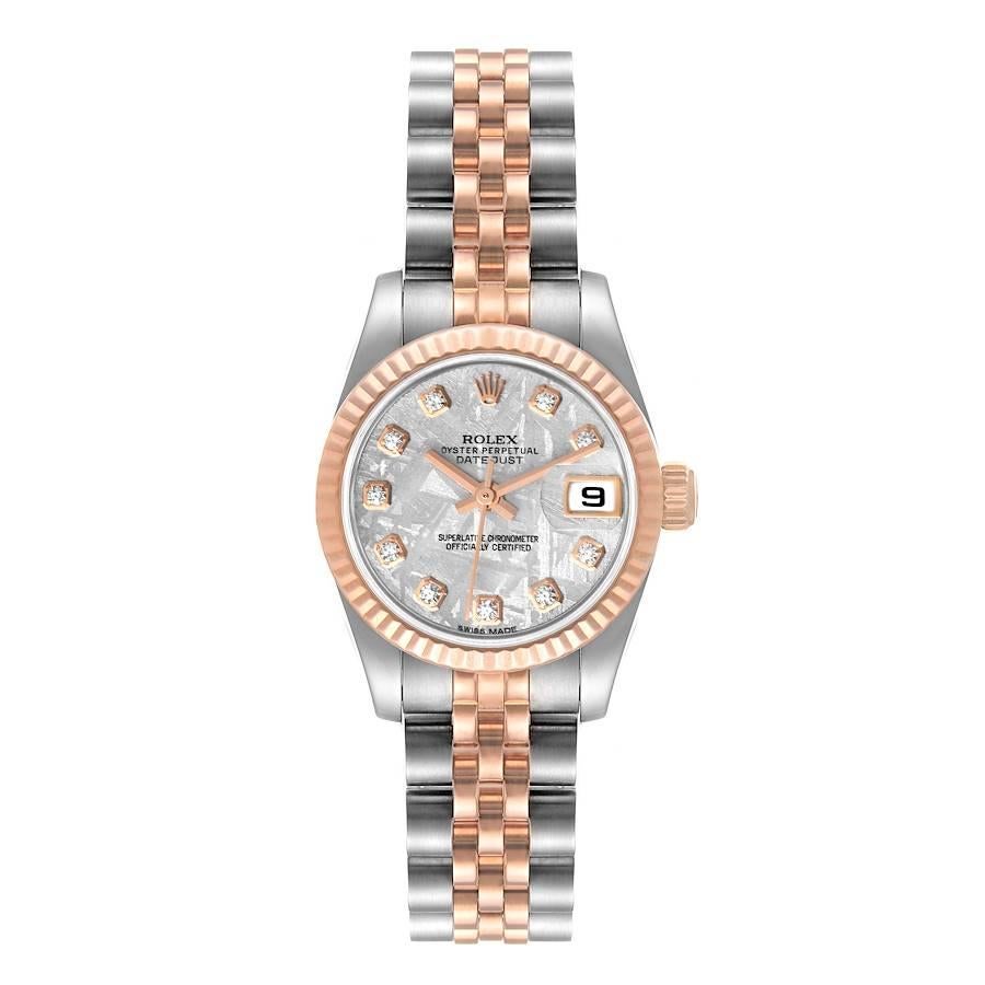 Rolex Datejust Steel EveRose Gold Meteorite Diamond Watch 179171 Box Card. Officially certified chronometer self-winding movement. Stainless steel oyster case 26.0 mm in diameter. Rolex logo on a 18K rose gold crown. 18k rose gold fluted bezel.