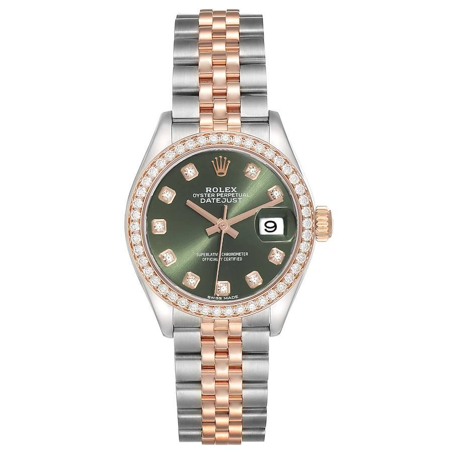 Rolex Datejust Steel Everose Gold Mint Green Dial Ladies Watch 279381 Box Card. Officially certified chronometer self-winding movement. Stainless steel oyster case 28.0 mm in diameter. Rolex logo on a 18K rose gold crown. 18k rose gold original