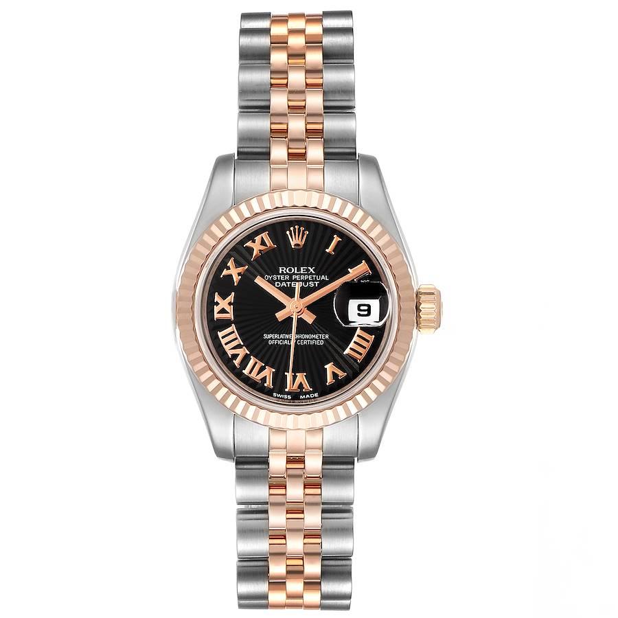 Rolex Datejust Steel Everose Gold Roman Numerals Ladies Watch 179171. Officially certified chronometer self-winding movement. Stainless steel oyster case 26.0 mm in diameter. Rolex logo on a 18K rose gold crown. 18k rose gold fluted bezel. Scratch