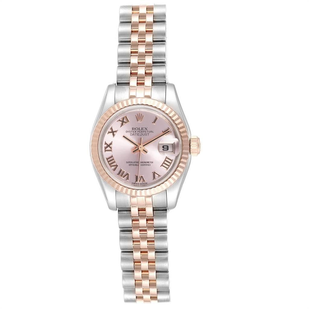 Rolex Datejust Steel Everose Gold Rose Dial Ladies Watch 179171 Box Papers. Officially certified chronometer self-winding movement. Stainless steel oyster case 26.0 mm in diameter. Rolex logo on a 18K rose gold crown. 18k rose gold fluted bezel.