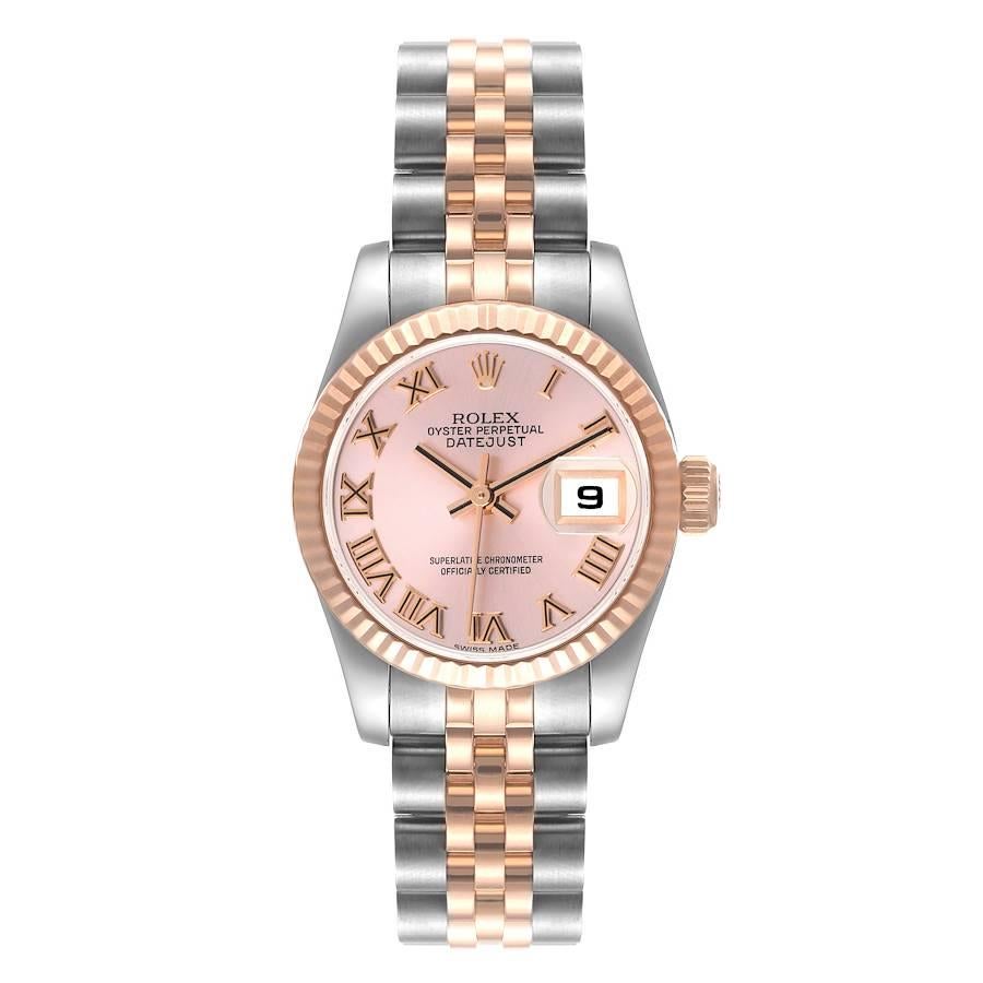 Rolex Datejust Steel Everose Gold Rose Dial Ladies Watch 179171. Officially certified chronometer self-winding movement. Stainless steel oyster case 26.0 mm in diameter. Rolex logo on a 18K rose gold crown. 18k rose gold fluted bezel. Scratch