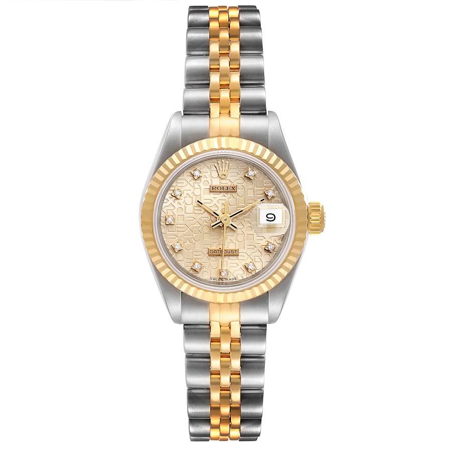 Rolex Datejust Steel Gold Anniversary Diamond Dial Ladies Watch 69173 Papers. Officially certified chronometer automatic self-winding movement. Stainless steel oyster case 26.0 mm in diameter. Rolex logo on the crown. 18k yellow gold fluted bezel.