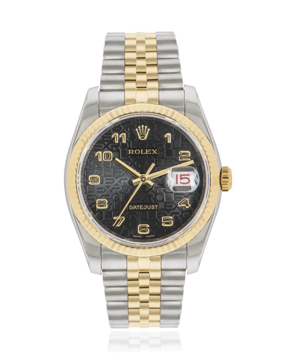 A steel and gold Datejust 36 men's wristwatch, by Rolex. Featuring a black jubilee dial with arabic number hour markers, a date aperture with a black and red roulette date wheel and the iconic fluted bezel, in yellow gold. Fitted with a sapphire