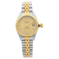 Rolex Datejust Steel Gold Holes Champagne Tapestry Dial Ladies Watch 69173