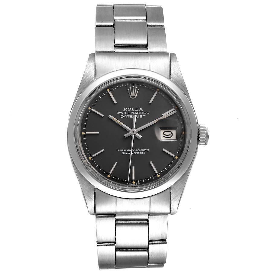 Rolex Datejust Steel Grey Dial Vintage Mens Watch 1600. Automatic self-winding movement. Stainless steel oyster case 36.0 mm in diameter. Rolex logo on a crown. Stainless steel smooth domed bezel. Scratch resistant sapphire crystal with cyclops
