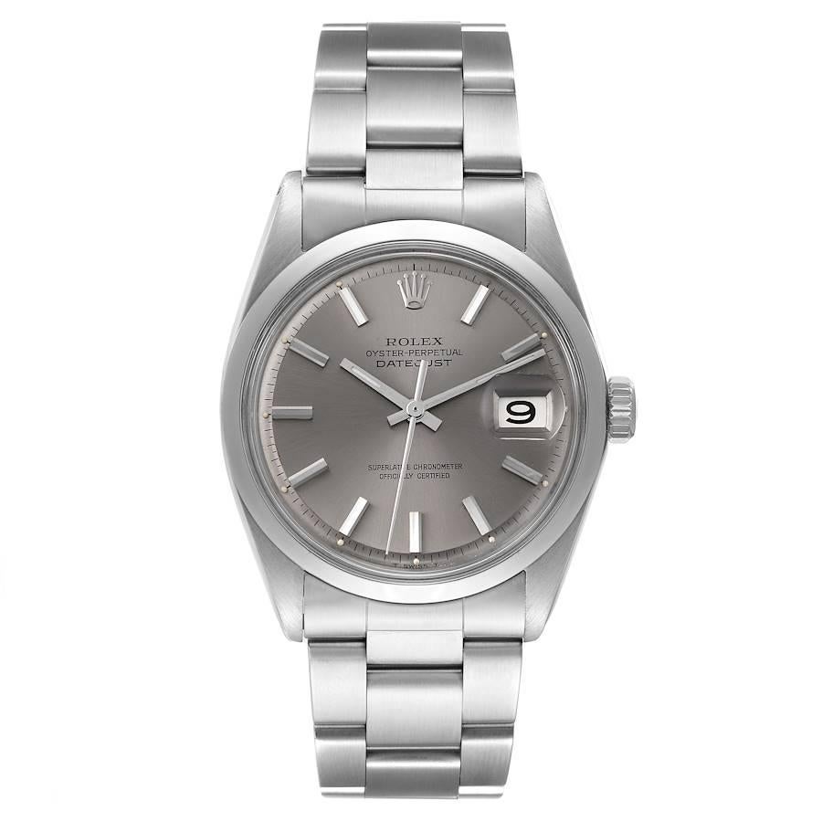 Rolex Datejust Steel Grey Dial Vintage Mens Watch 1600. Automatic self-winding movement. Stainless steel oyster case 36.0 mm in diameter. Rolex logo on a crown. Stainless steel smooth domed bezel. Scratch resistant sapphire crystal with cyclops