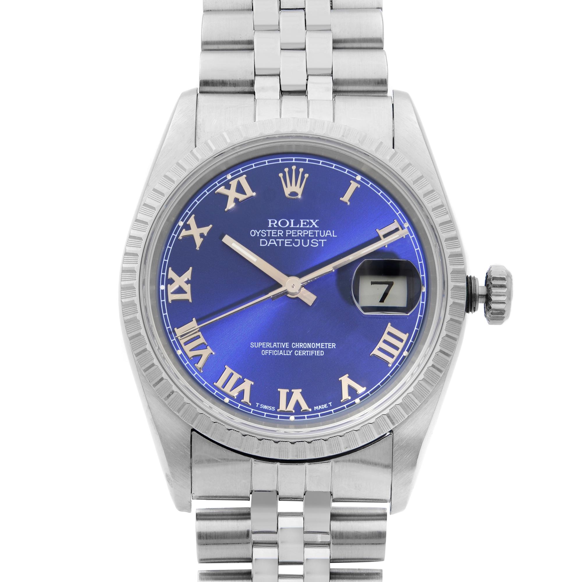 This pre-owned Rolex Datejust 16220 is a beautiful men's timepiece that is powered by mechanical (automatic) movement which is cased in a stainless steel case. It has a round shape face, date indicator dial and has hand roman numerals style markers.