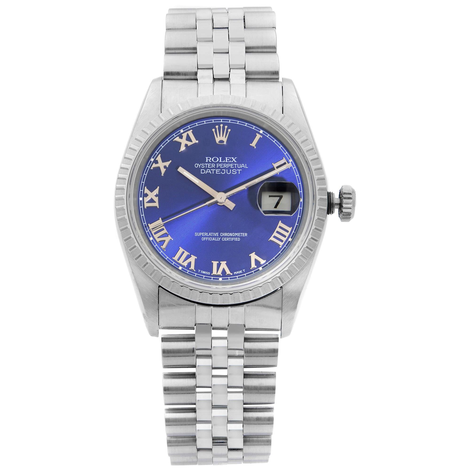 Rolex Datejust Steel Jubilee Bracelet Blue Roman Dial Automatic Mens Watch 16220