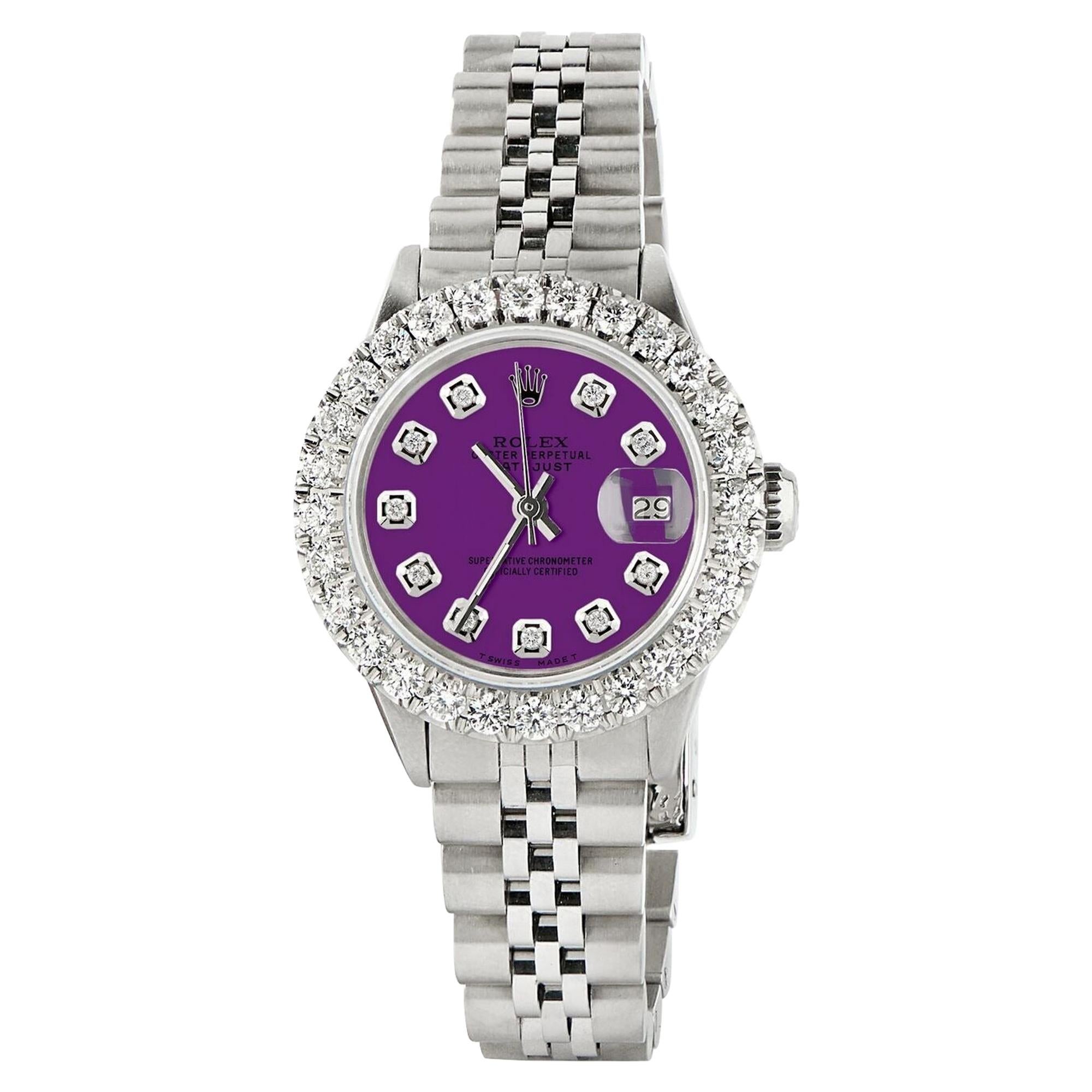Rolex Datejust Steel Jubilee Watch 2 Carat Diamond Bezel / Dark Purple Dial For Sale