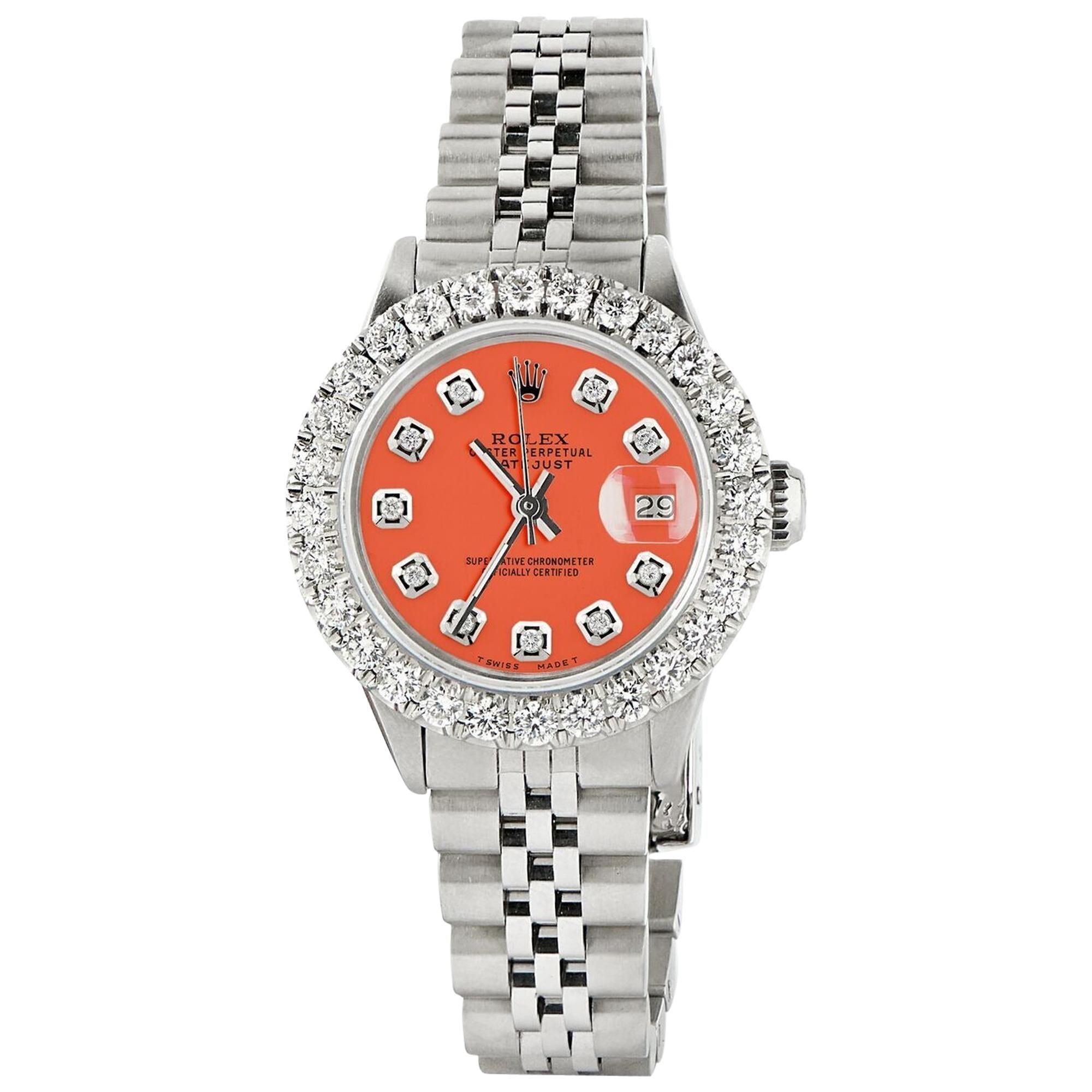 Rolex Datejust Steel Jubilee Watch 2 Carat Diamond Bezel / Orange Diamond Dial For Sale