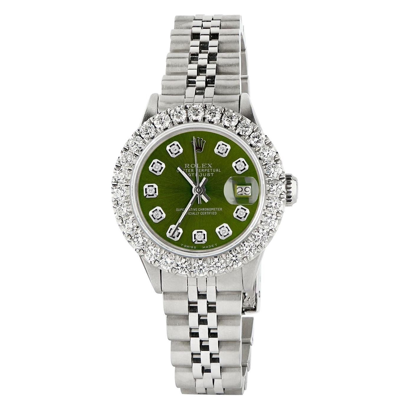 Rolex Datejust Steel Jubilee Watch 2 Carat Diamond Bezel / Royal Green Dial For Sale