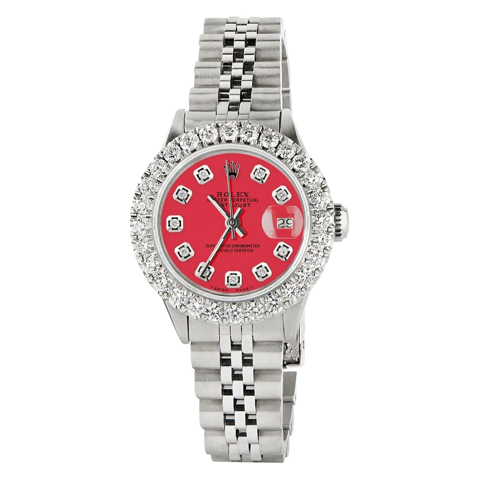 Rolex Datejust Steel Jubilee Watch 2 Carat Diamond Bezel / Scarlet Red Dial For Sale