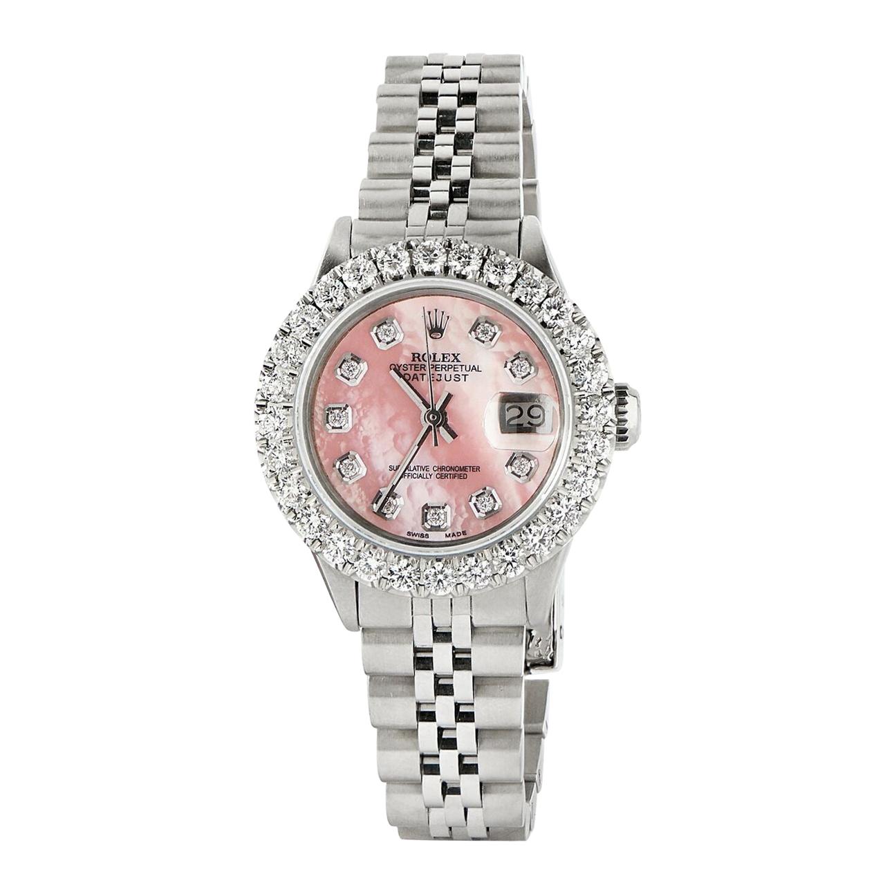 Rolex Datejust Steel Jubilee Watch 2 Carat Diamond Bezel / Vibrant Pink Dial For Sale