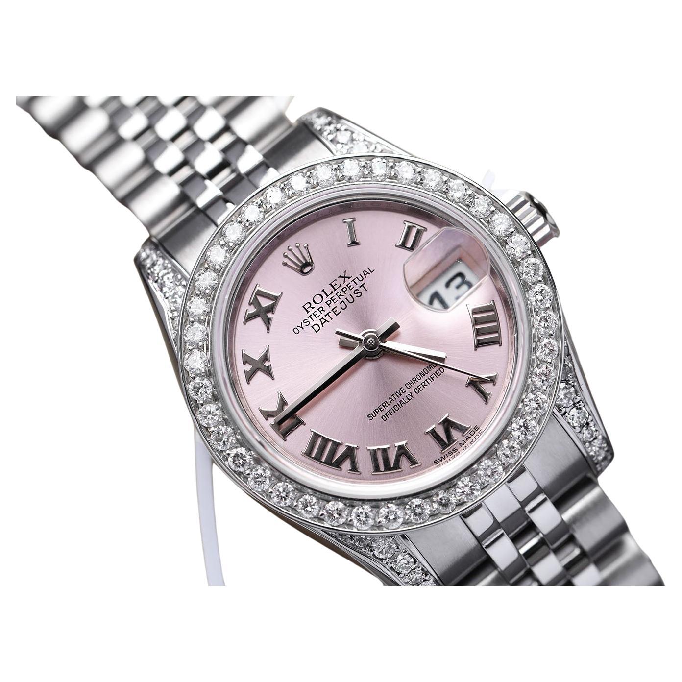 Rolex Datejust Stahl-Damenuhr mit rosa römischem Zifferblatt, Diamant-Lünette und Gepäckstücken 179174 im Angebot