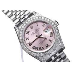 Rolex Datejust Stahl-Damenuhr mit rosa römischem Zifferblatt, Diamant-Lünette und Gepäckstücken 179174