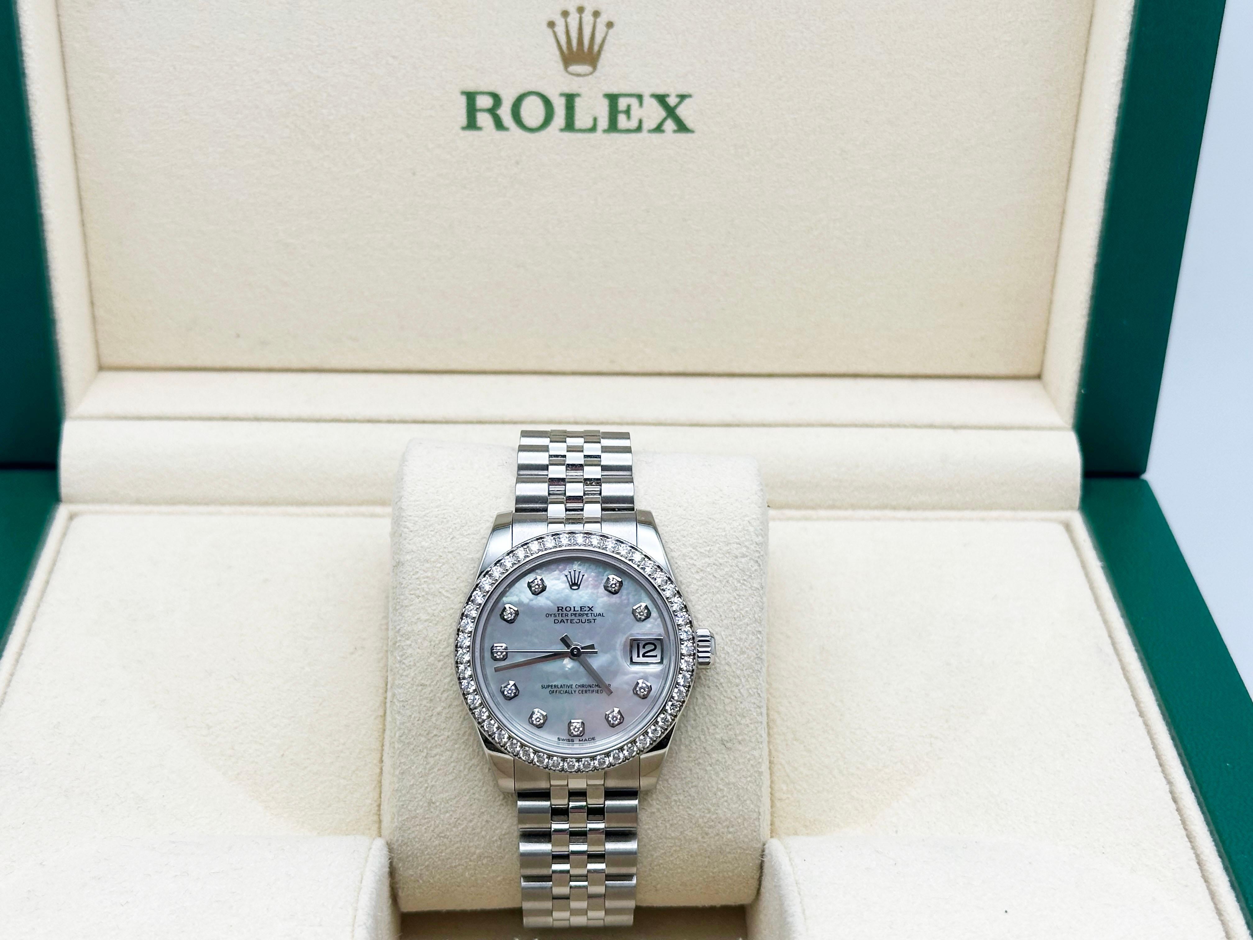 Rolex Datejust Stahl Midsize 178384 31mm Perlmutt-Diamant-Zifferblatt und Lünette im Angebot 3