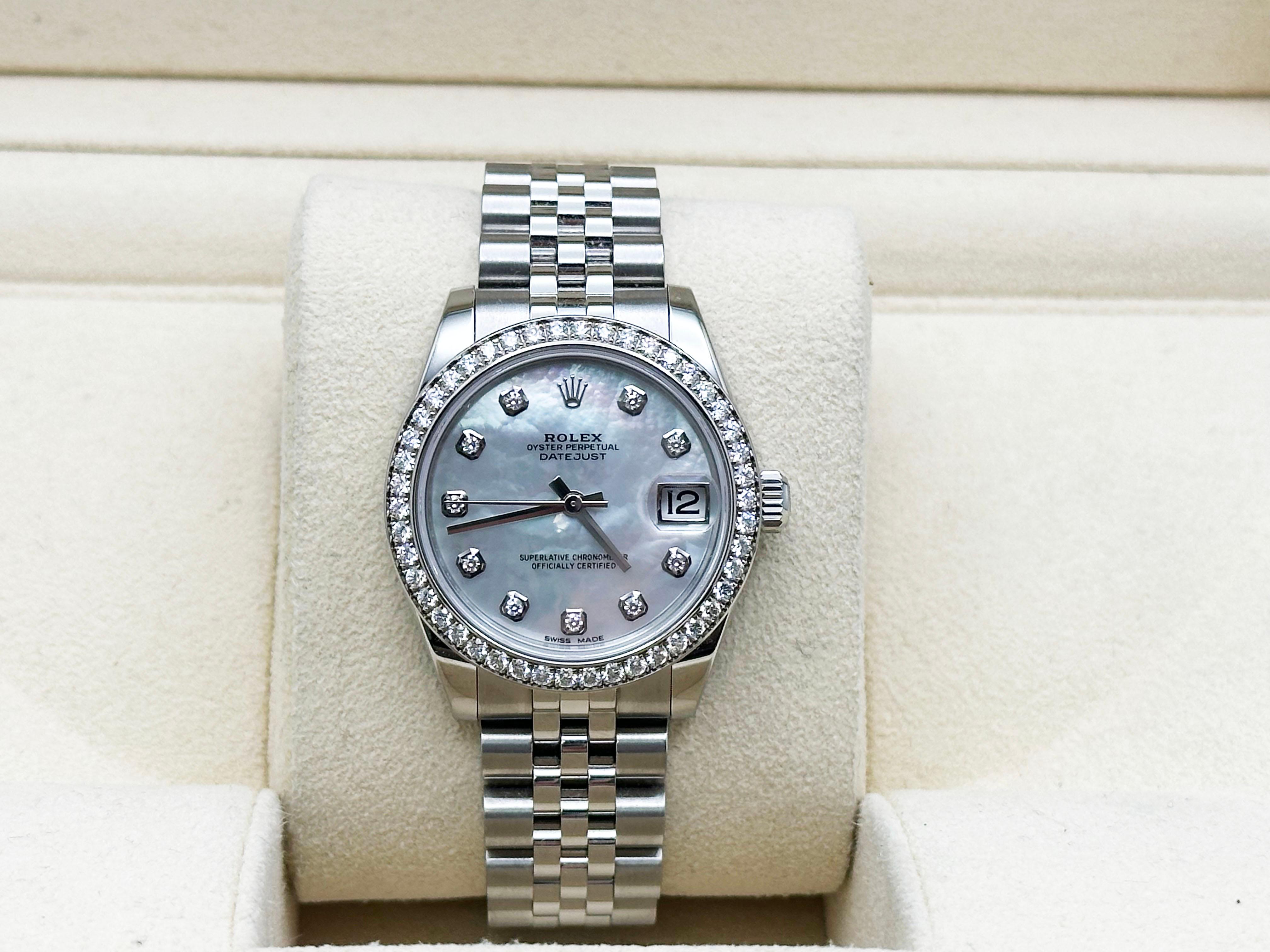 Rolex Datejust Stahl Midsize 178384 31mm Perlmutt-Diamant-Zifferblatt und Lünette im Angebot 4