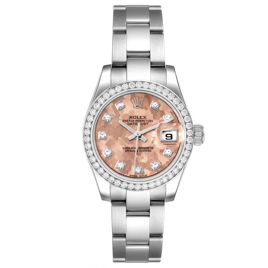 Rolex Datejust Steel Pink Gold Crystal Diamond Ladies Watch 179384 Box Card. Officially certified chronometer self-winding movement. Stainless steel oyster case 26.0 mm in diameter. Rolex logo on a crown. Original Rolex factory diamond bezel.