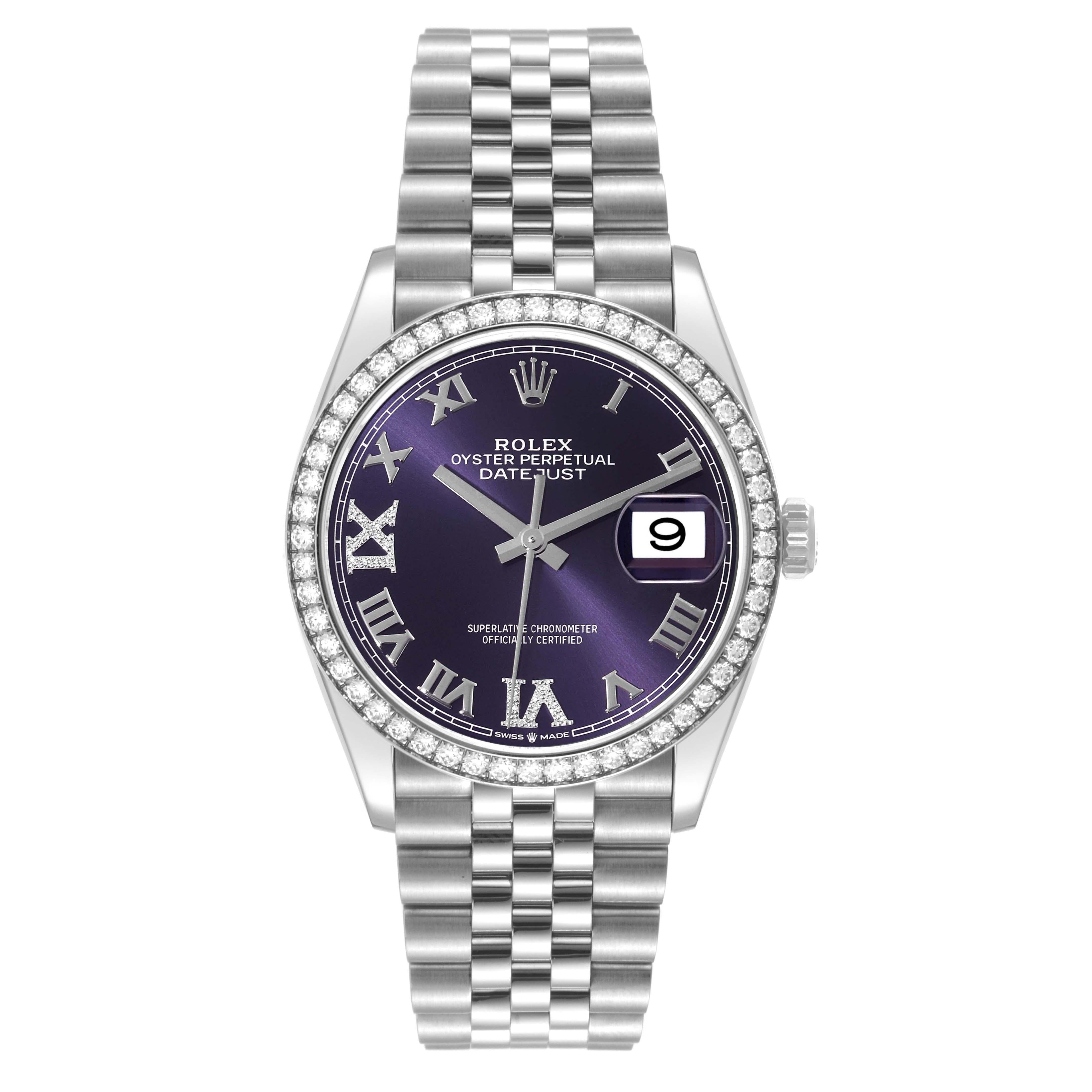 Rolex Datejust Steel Purple Diamond Dial Bezel Mens Watch 126284. Officially certified chronometer self-winding movement. Stainless steel case 36.0 mm in diameter.  Rolex logo on a crown. Original Rolex factory diamond bezel. Scratch resistant
