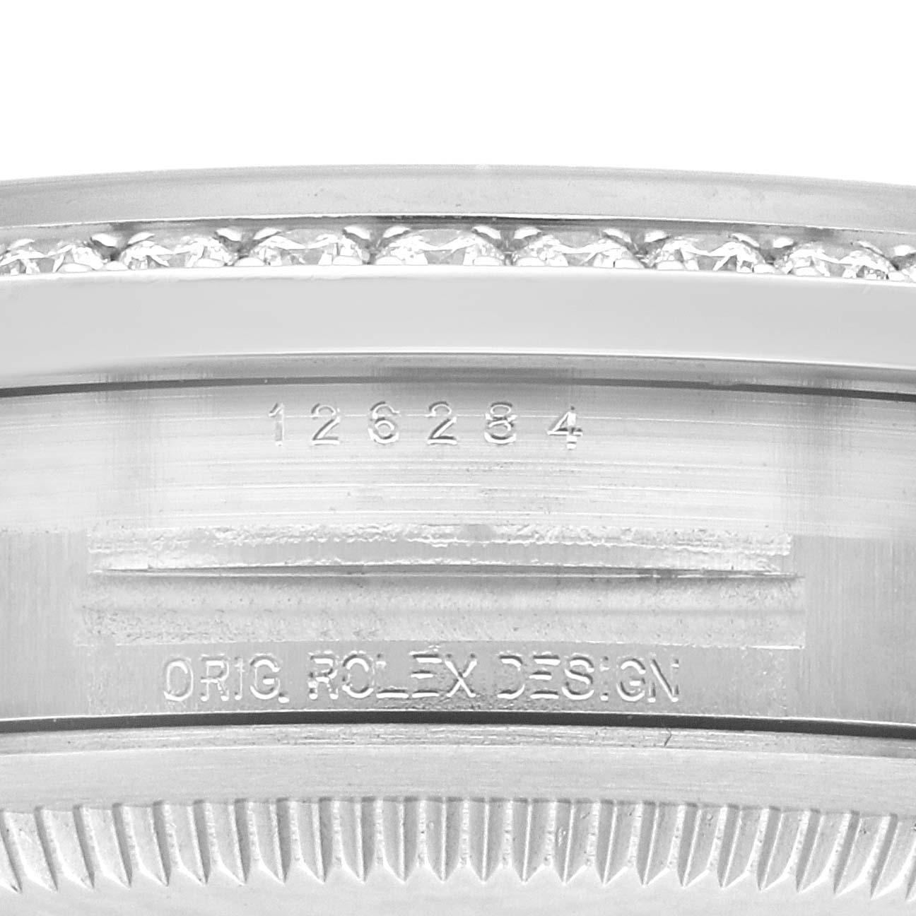 Rolex Datejust Steel Purple Diamond Dial Bezel Mens Watch 126284. Officially certified chronometer self-winding movement. Stainless steel case 36.0 mm in diameter.  Rolex logo on a crown. Original Rolex factory diamond bezel. Scratch resistant