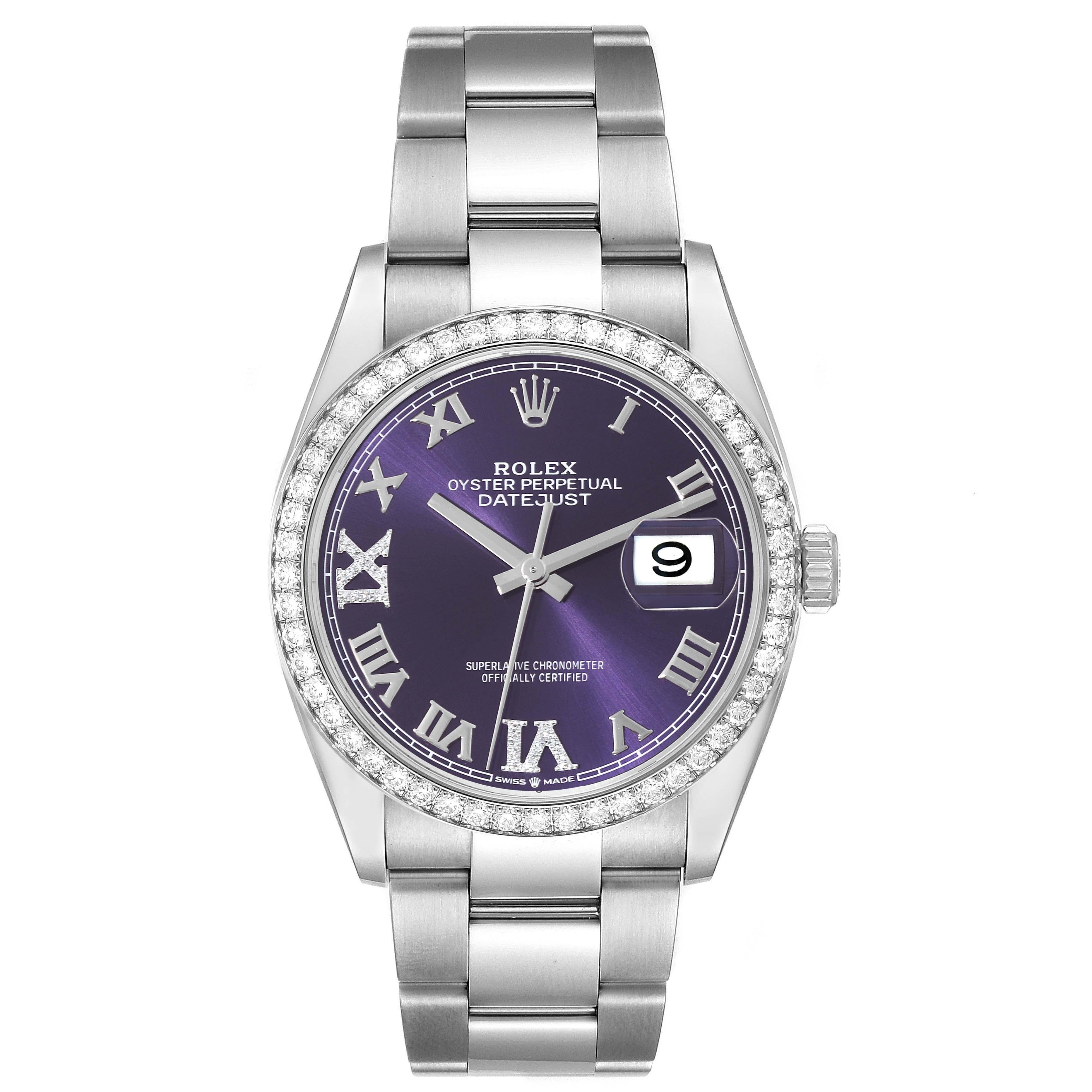 Rolex Datejust Steel Purple Diamond Dial Bezel Mens Watch 126284 In Excellent Condition For Sale In Atlanta, GA