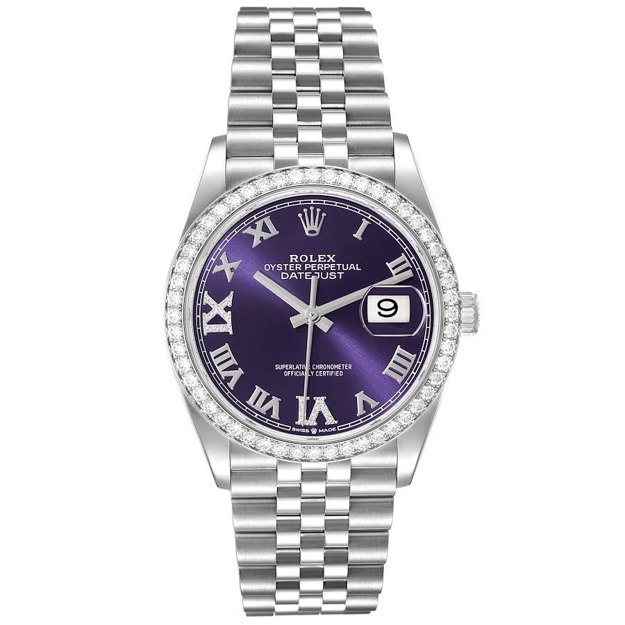 Rolex Datejust Steel Purple Diamond Dial Bezel Mens Watch 126284 Unworn. Officially certified chronometer self-winding movement. Stainless steel case 36.0 mm in diameter.  Rolex logo on a crown. Original Rolex factory diamond bezel. Scratch
