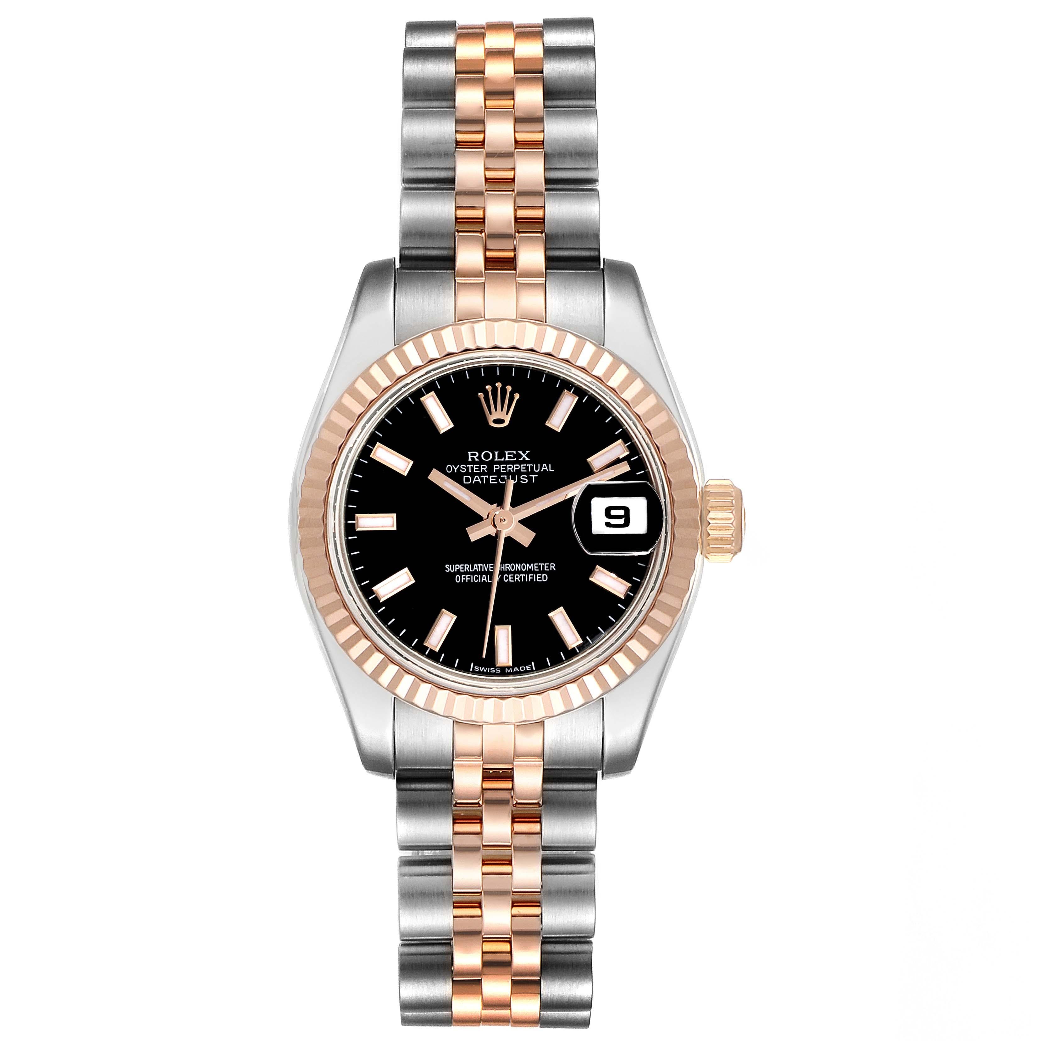 Rolex Datejust Steel Rose Gold Black Dial Ladies Watch 179171 Box Card. Officially certified chronometer automatic self-winding movement. Stainless steel oyster case 26.0 mm in diameter. Rolex logo on 18k everose gold crown. 18k rose gold fluted