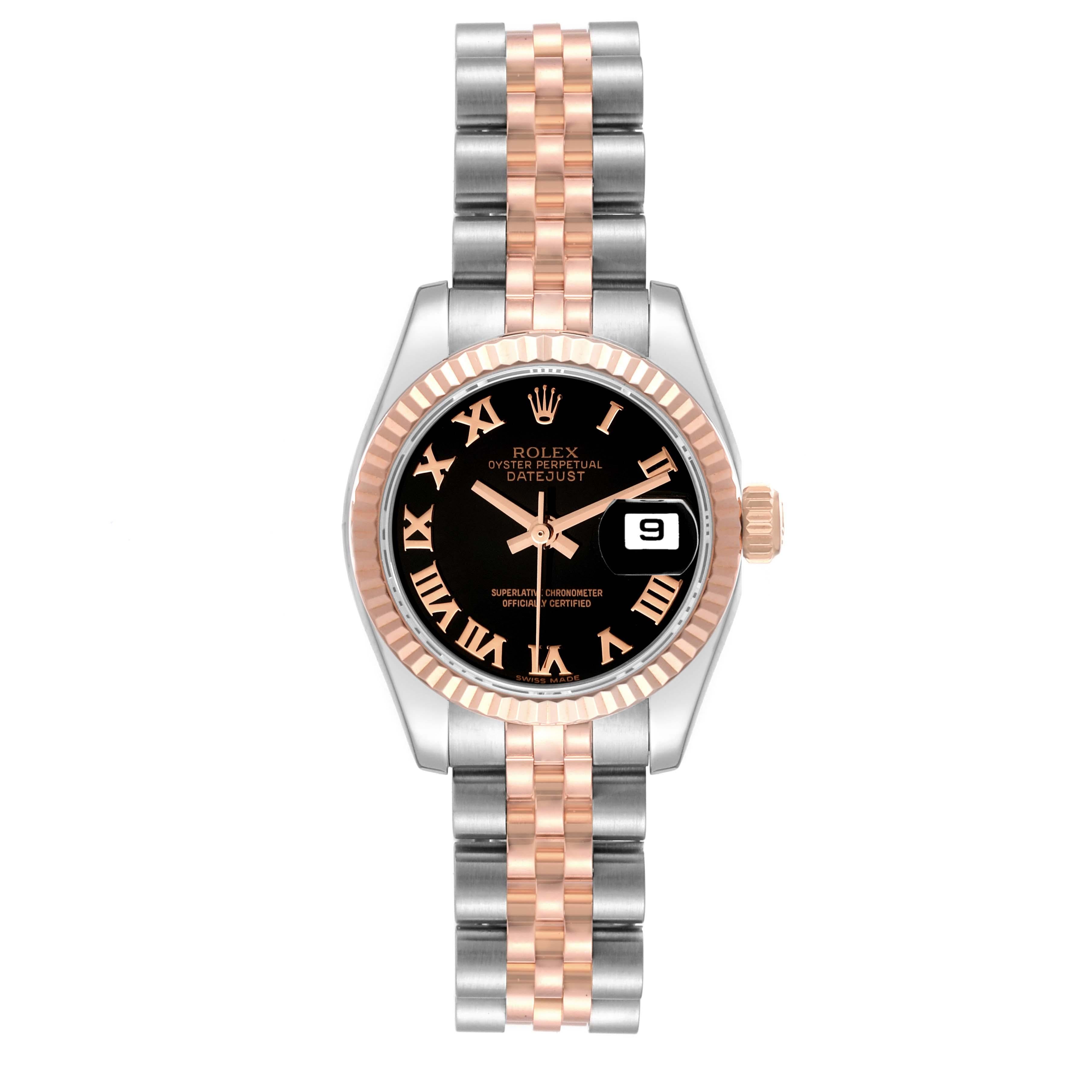 Rolex Datejust Steel Rose Gold Black Dial Ladies Watch 179171. Officially certified chronometer self-winding movement. Stainless steel oyster case 26.0 mm in diameter. Rolex logo on an 18K rose gold crown. 18k rose gold fluted bezel. Scratch