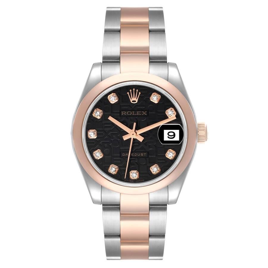 Rolex Datejust Steel Rose Gold Black Diamond Dial Ladies Watch 178241 Box Papers. Officially certified chronometer self-winding movement. Stainless steel and rose gold oyster case 31.0 mm in diameter. Rolex logo on a crown. 18k rose gold smooth