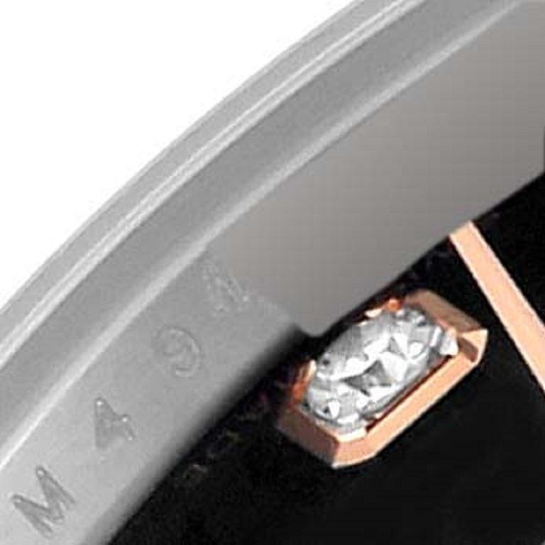 Rolex Datejust Steel Rose Gold Black Diamond Dial Ladies Watch 179171. Mouvement automatique à remontage automatique, officiellement certifié chronomètre. Boîtier oyster en acier inoxydable de 26.0 mm de diamètre. Logo Rolex sur une couronne en or