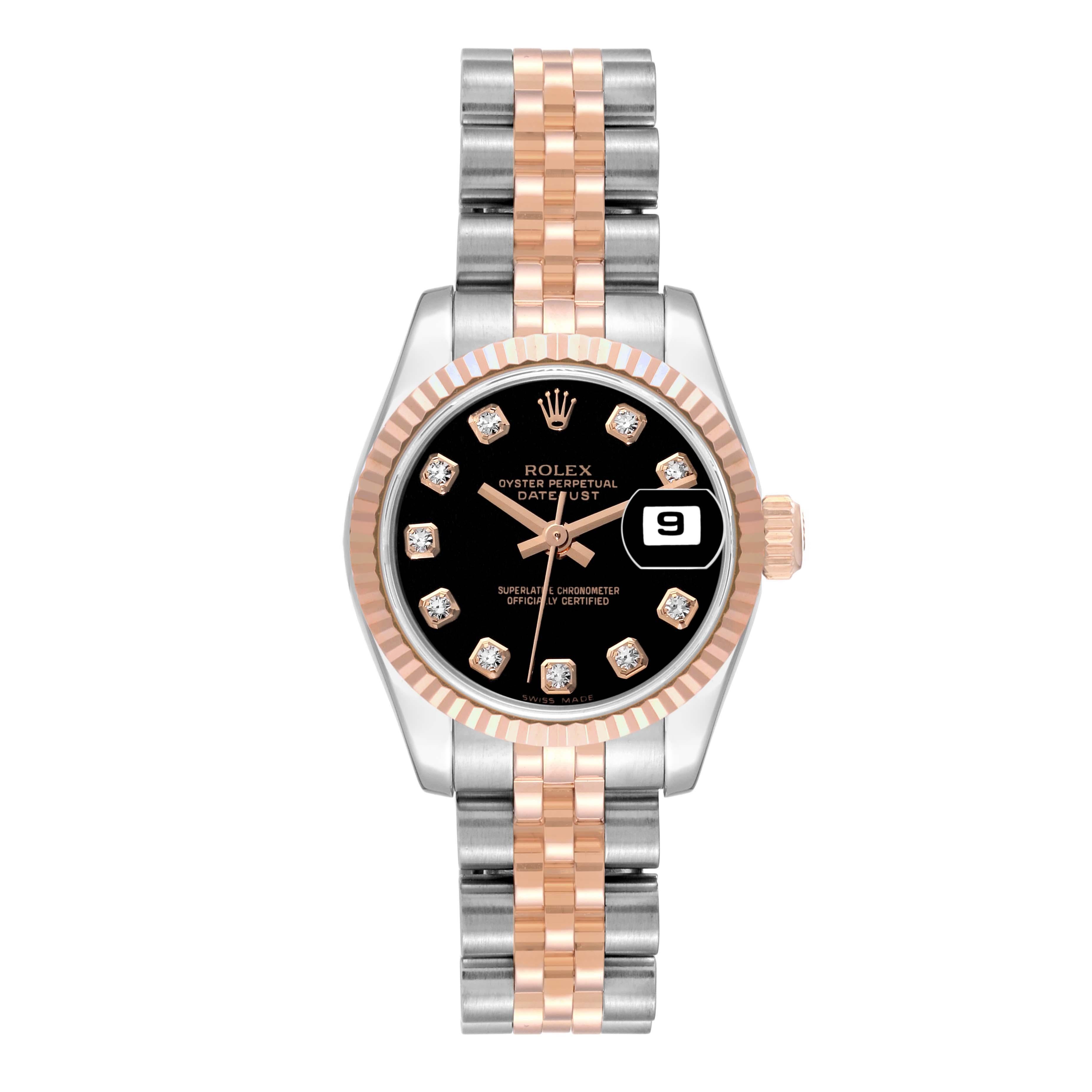 Rolex Datejust Steel Rose Gold Black Diamond Dial Ladies Watch 179171 In Excellent Condition For Sale In Atlanta, GA