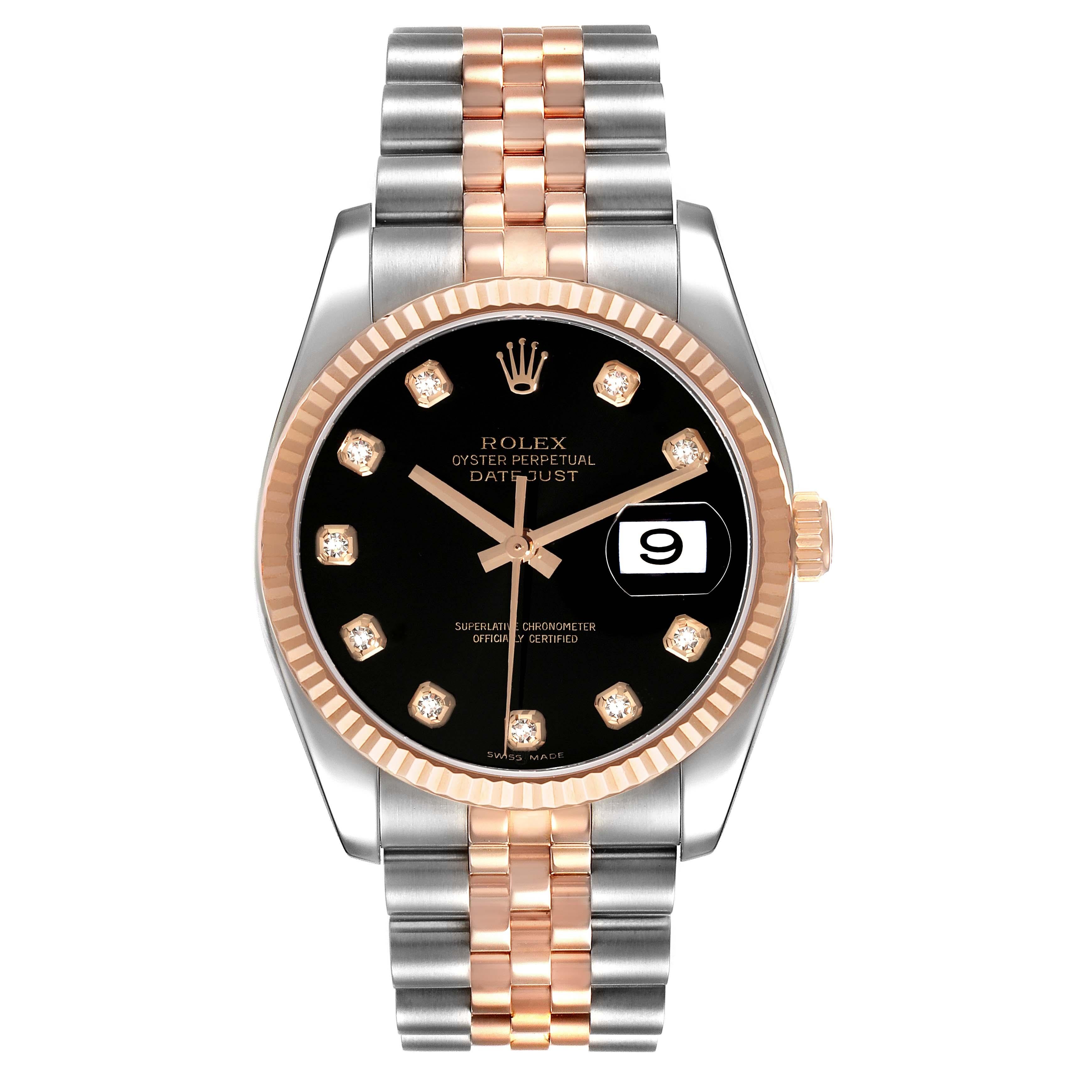 Rolex Datejust Steel Rose Gold Black Diamond Dial Mens Watch 116231. Officially certified chronometer self-winding movement. Stainless steel case 36 mm in diameter. Rolex logo on a 18K rose gold crown. 18k rose gold fluted bezel. Scratch resistant