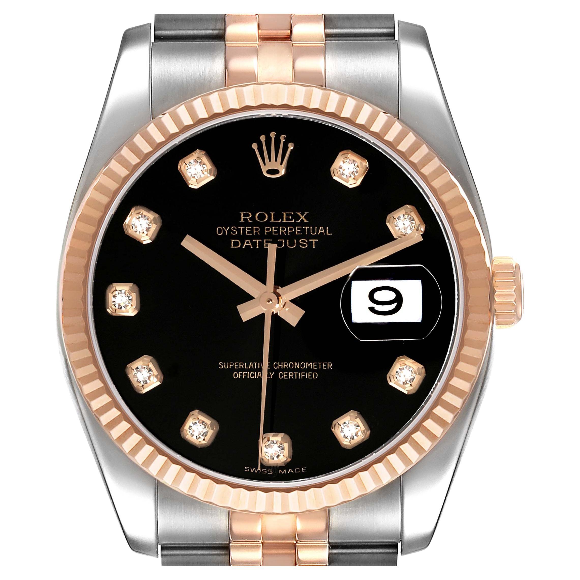 Rolex Datejust Steel Rose Gold Black Diamond Dial Mens Watch 116231