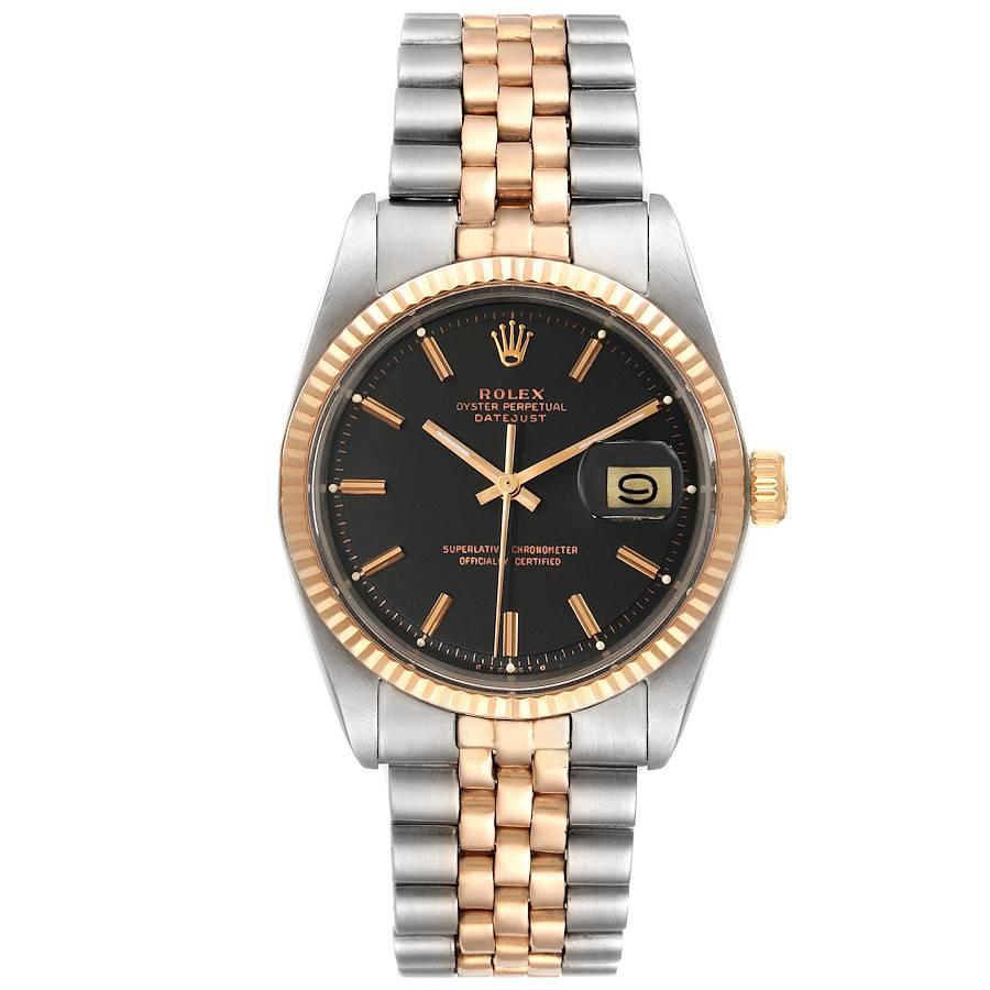 Rolex Datejust Steel Rose Gold Black Pie Pan Dial Vintage Mens Watch 1601. Officially certified chronometer automatic self-winding movement. Stainless steel case 36 mm in diameter. Rolex logo on a crown. Rose gold fluted bezel. Acrylic crystal with