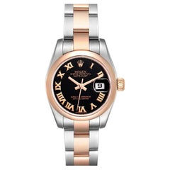 Rolex Datejust Steel Rose Gold Black Roman Dial Ladies Watch 179161 Box Card