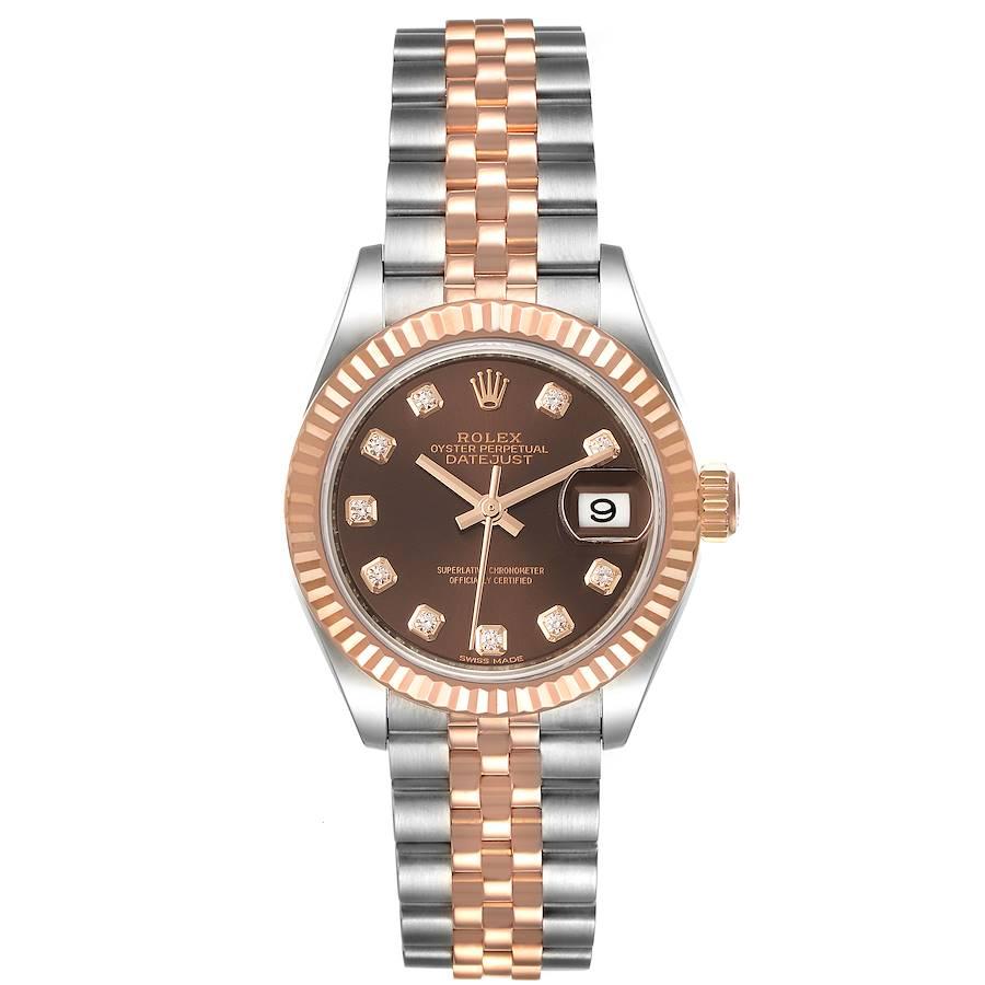 Rolex Datejust Steel Rose Gold Chocolate Diamond Dial Watch 279171 Unworn. Officially certified chronometer self-winding movement. Stainless steel oyster case 28 mm in diameter. Rolex logo on a 18K rose gold crown. 18k everose gold fluted bezel.