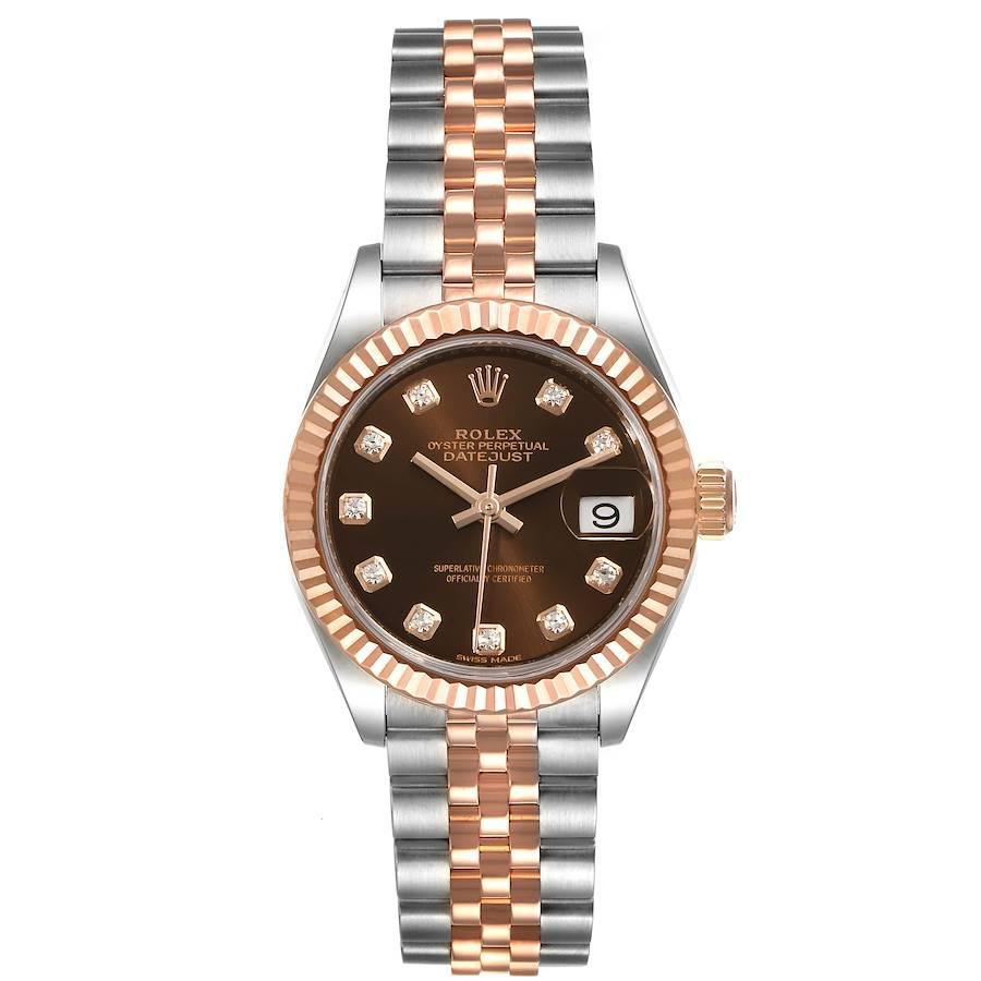 Rolex Datejust Steel Rose Gold Chocolate Diamond Watch 279171 Box Card. Officially certified chronometer self-winding movement. Stainless steel oyster case 28 mm in diameter. Rolex logo on a 18K rose gold crown. 18k everose gold fluted bezel.