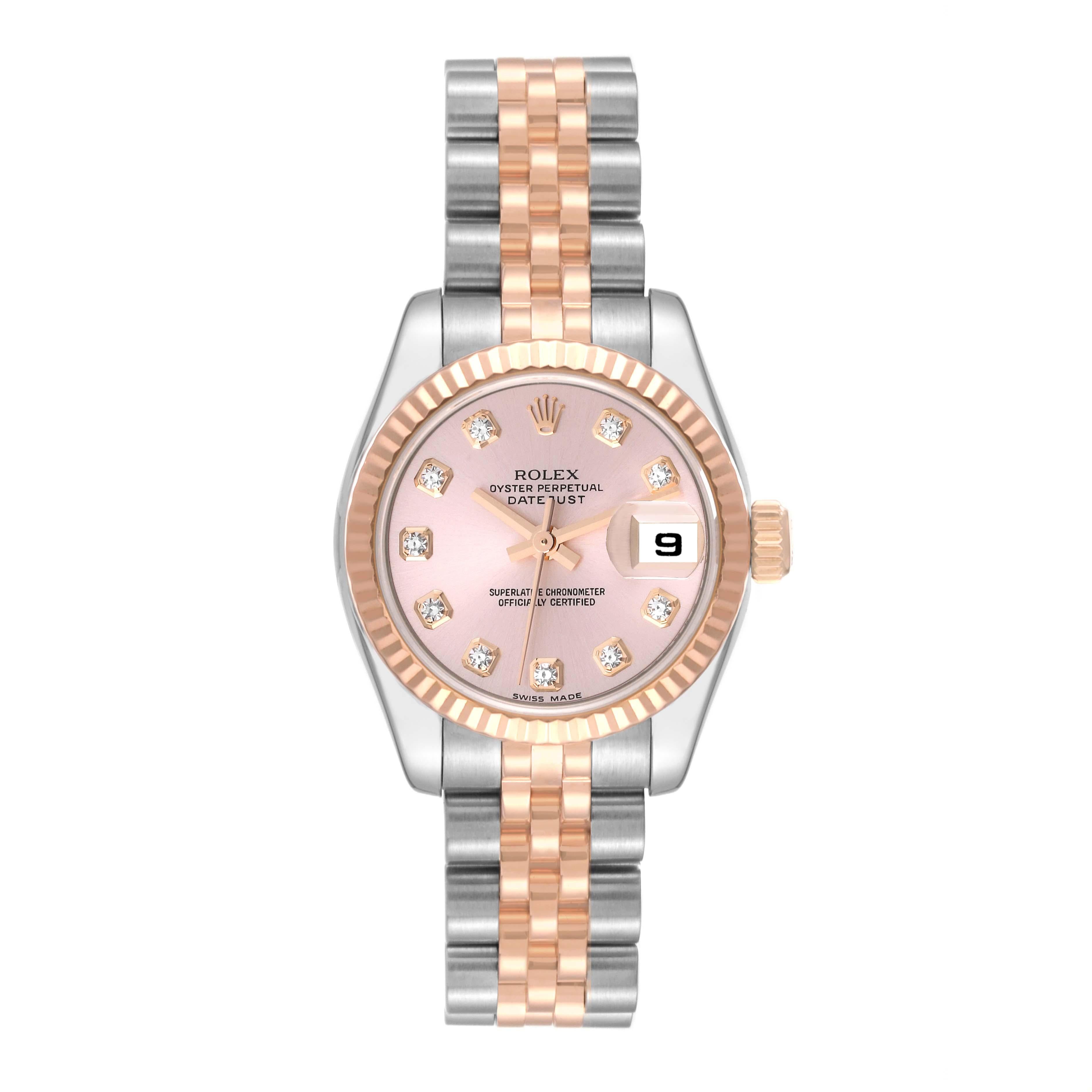 Rolex Datejust Steel Rose Gold Diamond Dial Ladies Watch 179171. Officially certified chronometer automatic self-winding movement. Stainless steel oyster case 26.0 mm in diameter. Rolex logo on an 18K rose gold crown. 18k Everose rose gold fluted