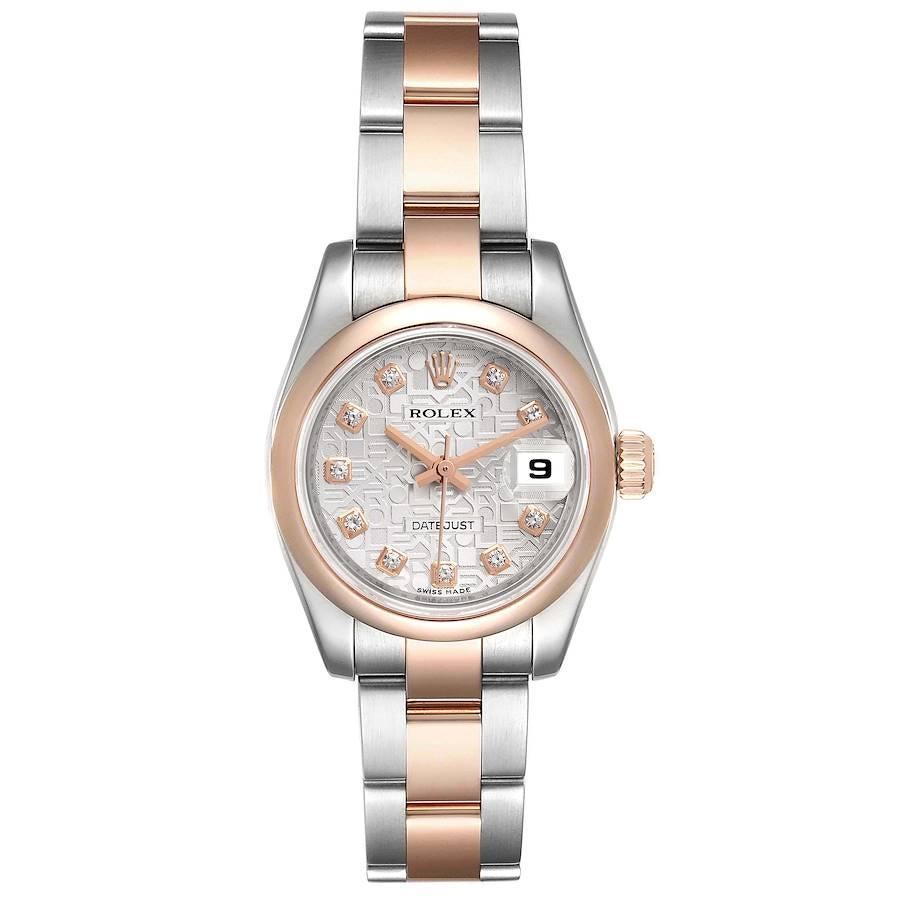 Rolex Datejust Steel Rose Gold Diamond Ladies Watch 179161 Box Papers. Officially certified chronometer self-winding movement with quickset date function. Stainless steel oyster case 26 mm in diameter. Rolex logo on a 18K rose gold crown. 18k rose