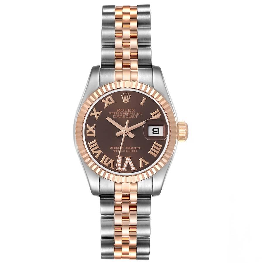 Rolex Datejust Steel Rose Gold Diamond Ladies Watch 179171 Box Card. Officially certified chronometer automatic self-winding movement. Stainless steel oyster case 26.0 mm in diameter. Rolex logo on an 18K rose gold crown. 18k rose gold fluted bezel.
