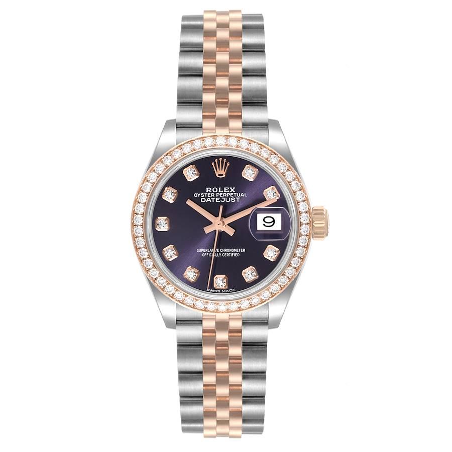 Rolex Datejust Steel Rose Gold Diamond Ladies Watch 279381 Box Card. Officially certified chronometer self-winding movement. Stainless steel oyster case 28.0 mm in diameter. Rolex logo on a 18K rose gold crown. 18k rose gold original Rolex factory