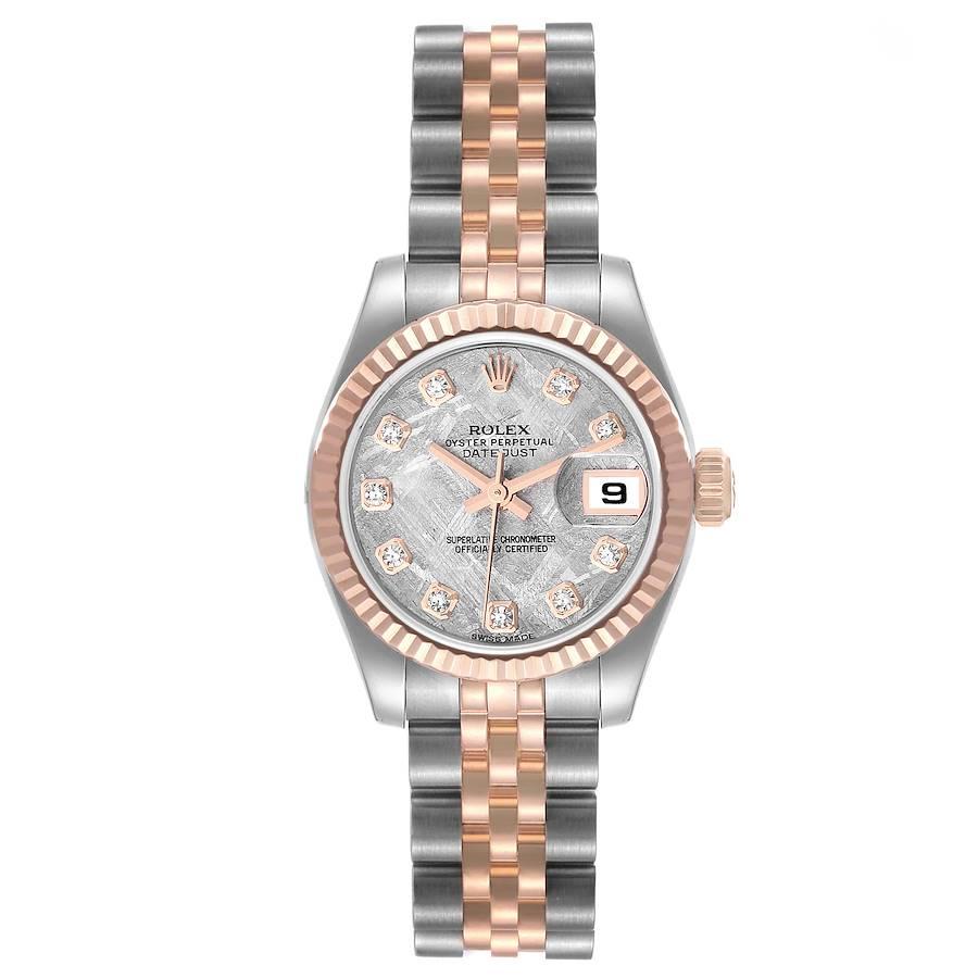 Rolex Datejust Steel Rose Gold Meteorite Diamond Dial Ladies Watch 179171. Officially certified chronometer automatic self-winding movement. Stainless steel oyster case 26.0 mm in diameter. Rolex logo on an 18K Everose gold crown. 18k rose gold