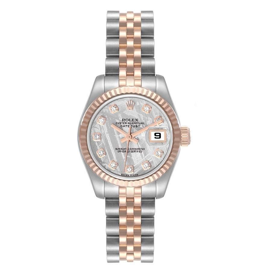 Rolex Datejust Steel Rose Gold Meteorite Diamond Dial Ladies Watch 179171. Officially certified chronometer automatic self-winding movement. Stainless steel oyster case 26.0 mm in diameter. Rolex logo on an 18K Everose gold crown. 18k rose gold