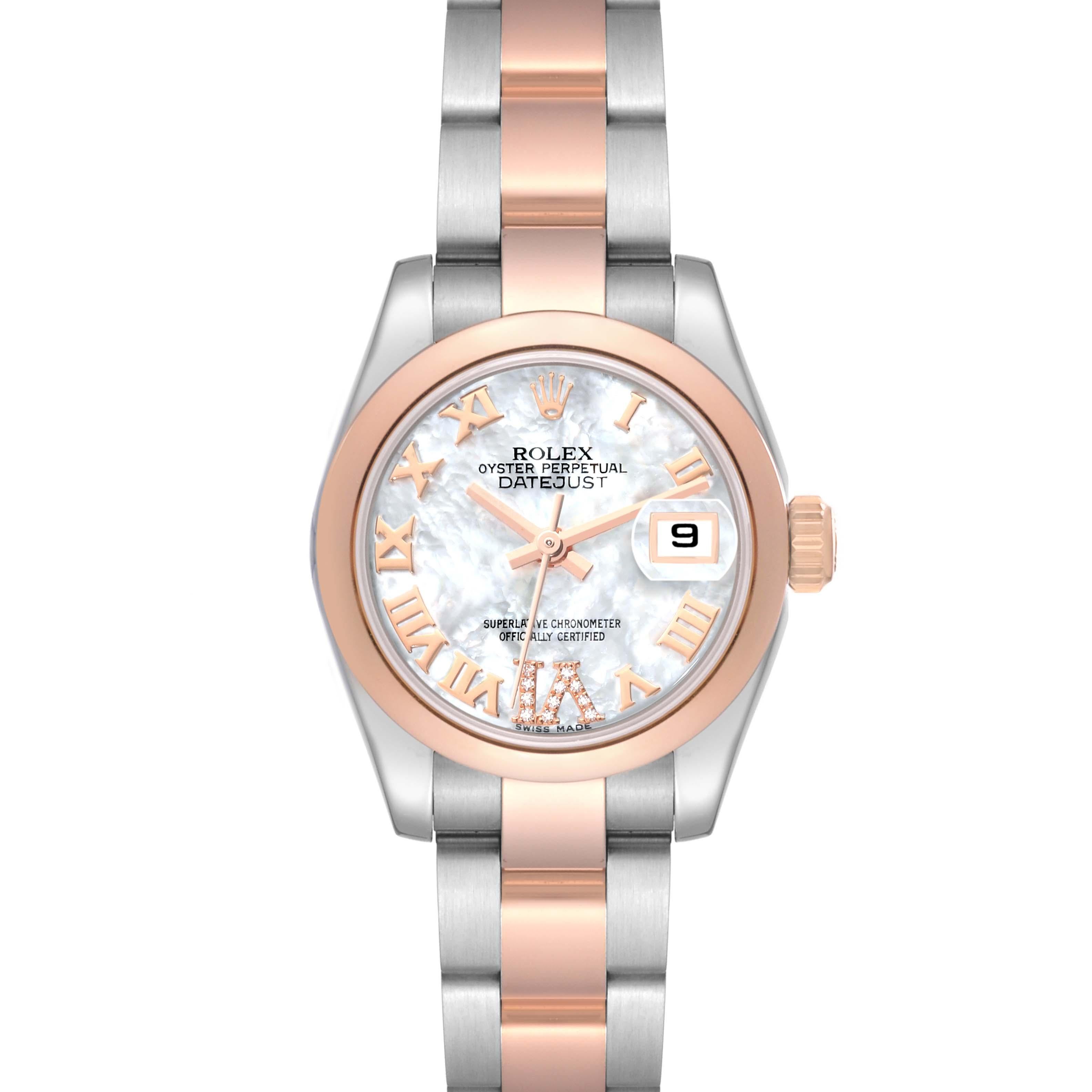 Rolex Datejust Steel Rose Gold Mother of Pearl Diamond Dial Ladies Watch 179161 Box Card. Officially certified chronometer automatic self-winding movement. Stainless steel oyster case 26.0 mm in diameter. Rolex logo on an 18K rose gold crown. 18k