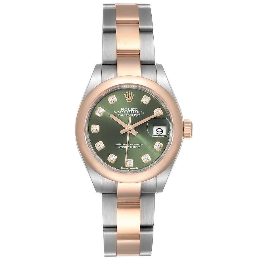 Rolex Datejust Steel Rose Gold Olive Green Diamond Ladies Watch 279161 Box Card. Officially certified chronometer self-winding movement. Stainless steel oyster case 28 mm in diameter. Rolex logo on a 18K rose gold crown. 18k everose gold smooth