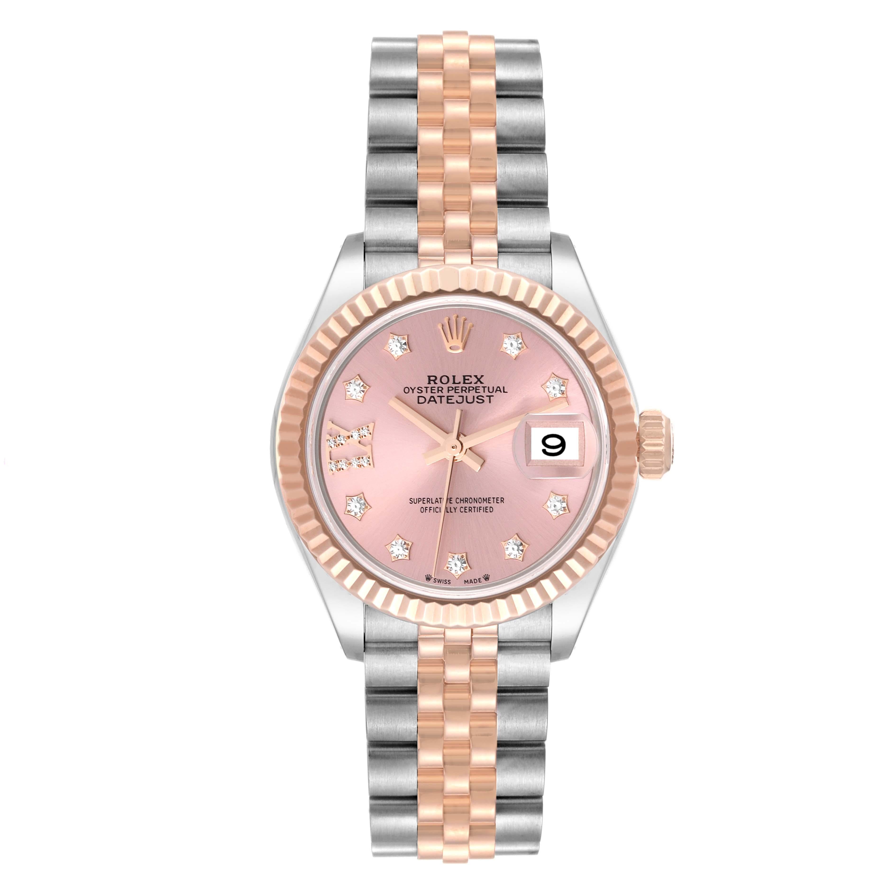 Rolex Datejust Steel Rose Gold Pink Diamond Dial Ladies Watch 279171 Box Card. Officially certified chronometer self-winding movement. Stainless steel oyster case 28 mm in diameter. Rolex logo on a 18K rose gold crown. 18k everose gold fluted bezel.