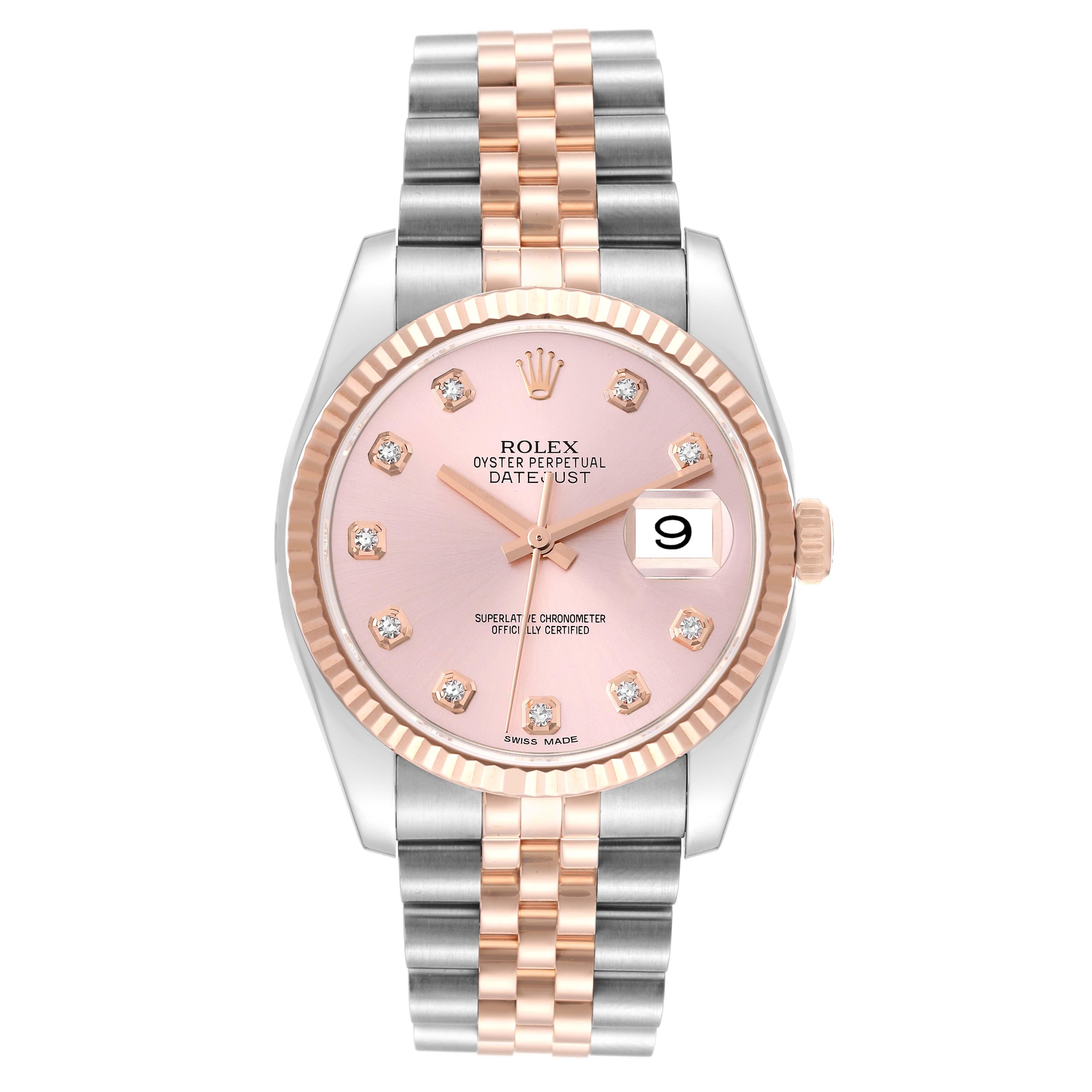 Rolex Datejust Steel Rose Gold Pink Diamond Dial Mens Watch 116231. Officially certified chronometer automatic self-winding movement. Stainless steel and 18k Everose gold case 36mm in diameter. Rolex logo on an 18k Everose gold crown. 18k rose gold
