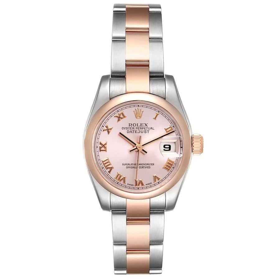 Rolex Datejust Steel Rose Gold Rose Roman Dial Ladies Watch 179161. Officially certified chronometer self-winding movement. Stainless steel oyster case 26.0 mm in diameter. Rolex logo on a 18K rose gold crown. 18k rose gold smooth domed bezel.